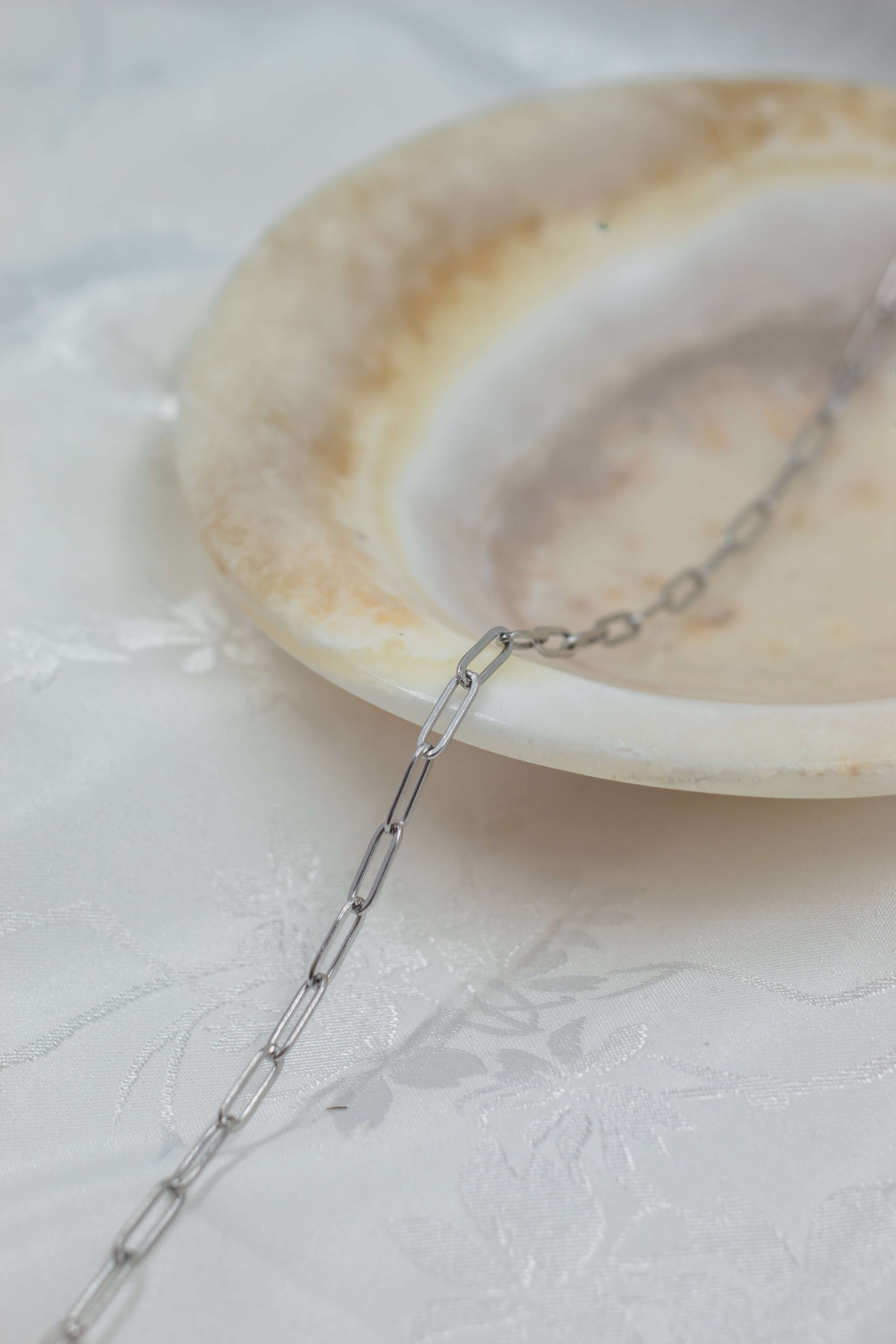 Austin chain featured on a smooth plate, showcasing medium paperclip-style links in 304 PVD Stainless Steel.